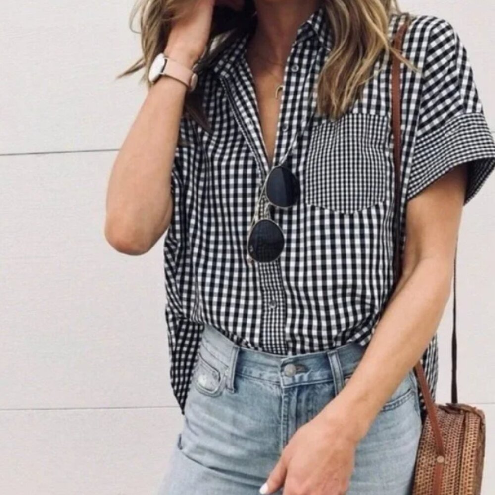 Madewell Sz S Gingham-Play Button Down Shirt 100% Cotton Neutral Minimalist